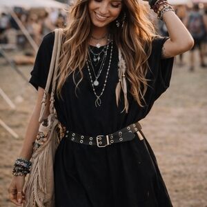 4/$15 Upcycle Black Boho T Shirt Dress Detachable Belt Festival Goth Bohemian
